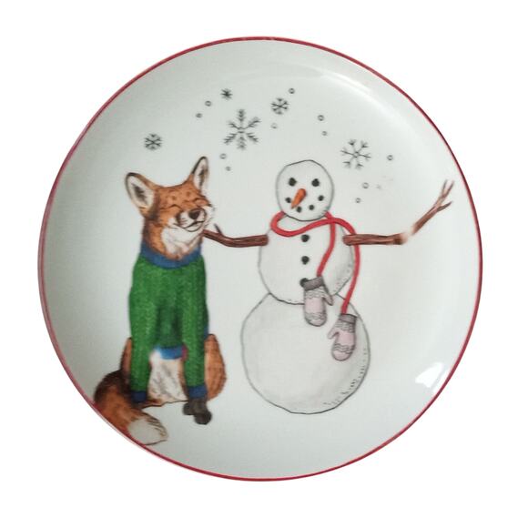 West Elm Rachel Kozlowski Dapper Animal Winter Fox Snowman Plate Salad Dessert - Picture 5 of 8